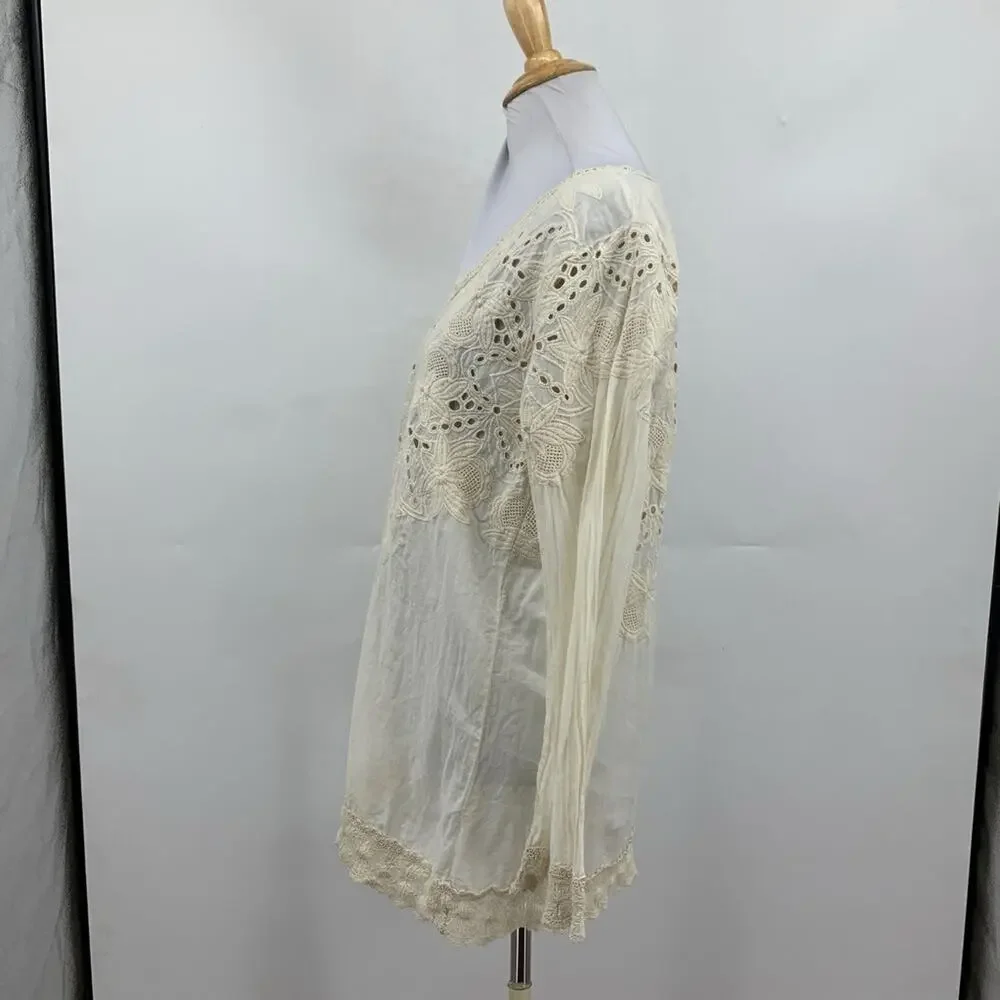 Johnny Was Blouse Womens S Small Ivory Cotton Embroidered Eyelet V Neck Tunic